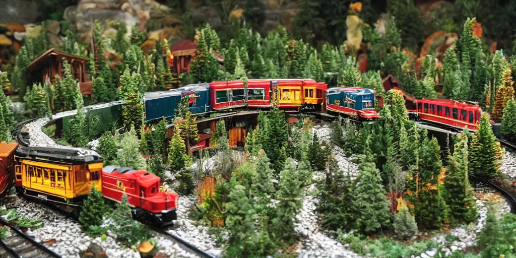 Prompt: extremely elaborate lionel train set, elaborate miniature mountain terrain, miniature lakes, trees