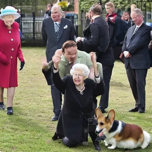 Image similar to The corgis overthrow Queen Elizabeth II