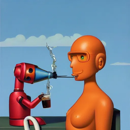 Image similar to a futurama-robot having a drink with his best friend Phillip Fry by Raphael, Hopper, and Rene Magritte. detailed, romantic, enchanting, trending on artstation.