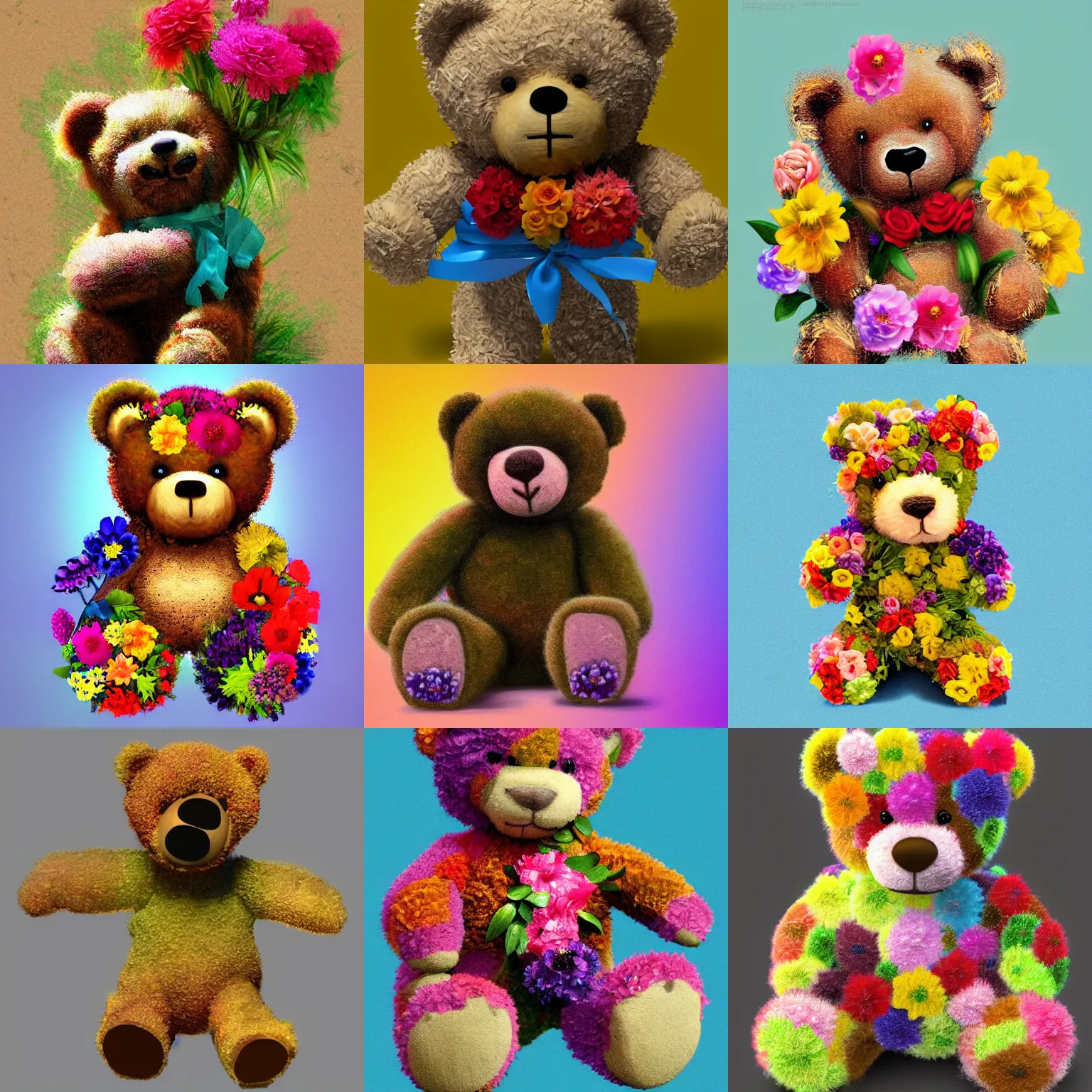 Prompt: a teddy bear made of flowers, digital art, trending on artstation, colorful, vibrant