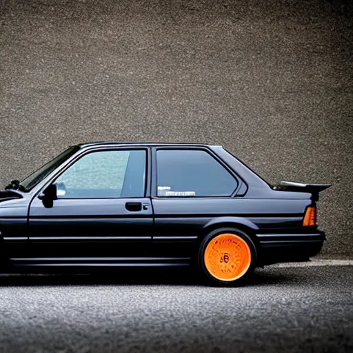 Prompt: orange bmw e 3 0 m 3 floating in space