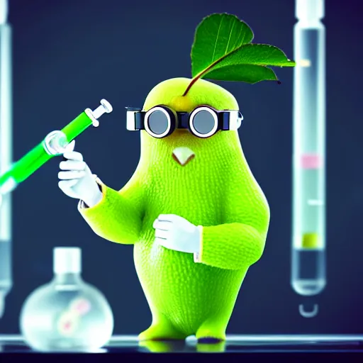 Image similar to a kiwifruit wearing a lab coat and goggles holding a test tube in a science lab, digital art, 8k, trending on artstation