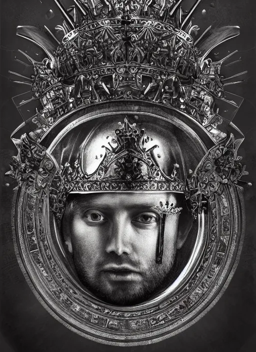 Image similar to portrait of king arthur knight with a crown with engravings, studio portrait against a black background, modern fine art, fractal, intricate, elegant, highly detailed, digital photography, subsurface scattering, in the style of ghost, by jheronimus bosch and yue minjun and giger and greg rutkowski,