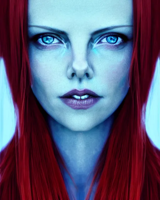 Image similar to perfect red haired attractive goddess with blue eyes, beautiful, symmetric, dreamy, pretty face, charlize theron, detailed, scifi platform, laboratory, experiment, 4 k, ultra realistic, epic lighting, illuminated, cinematic, masterpiece, art by sakimi chan