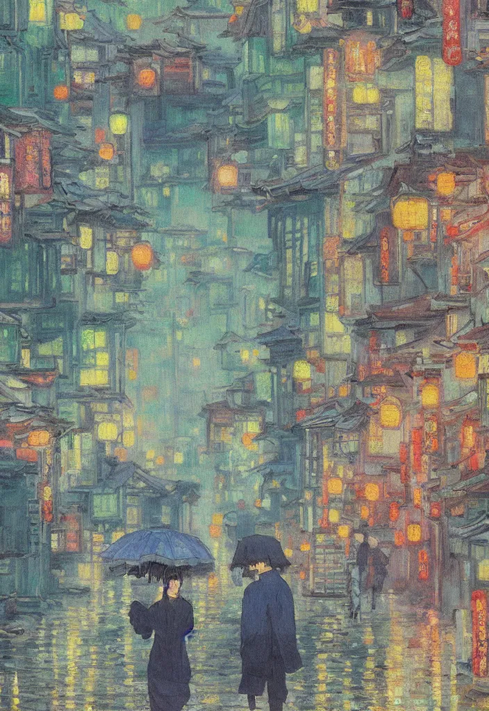 Image similar to a beautiful japanese city near the sea, ryokans and edo era houses, cyberpunk, lofi vibe, colorful, oil painting in impressionist style, by monet, by makoto shinkai, multiple brush strokes, inspired by ghibli, masterpiece