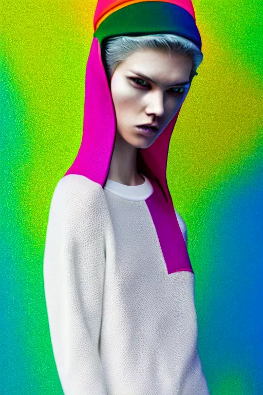 Image similar to stylish pullover for a rave bright colors, many details, photo for a magazine, photo for a store, fashion photography, Vogue, cinematic, hyper realism, high detail, 8k, very coherent symmetrical work, perfect face model, full length photo, Upper and lower body, white eyes, photographer style by Nik Night Erik Madigan Hec and Walter Chin and Camilla Akrans and Miles Aldridge