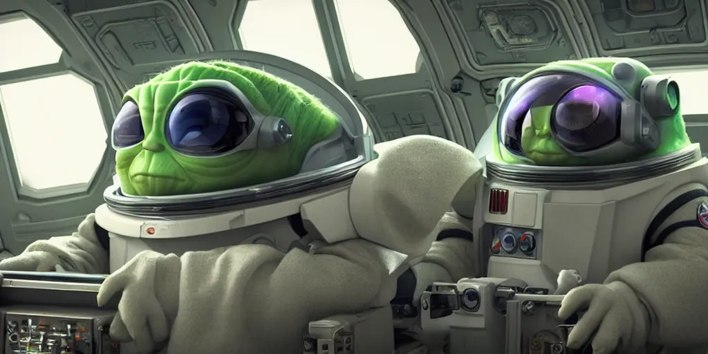 Image similar to a 3 d rendered movie still, wide - angle shot, 1 0 0 meter in the distance, baby yoda wearing a spacesuit, and exploring cosmos in a super awesome space ship. dramatic lighting, imax, 7 0 mm. science fiction blockbuster movie, buzz lightyear.