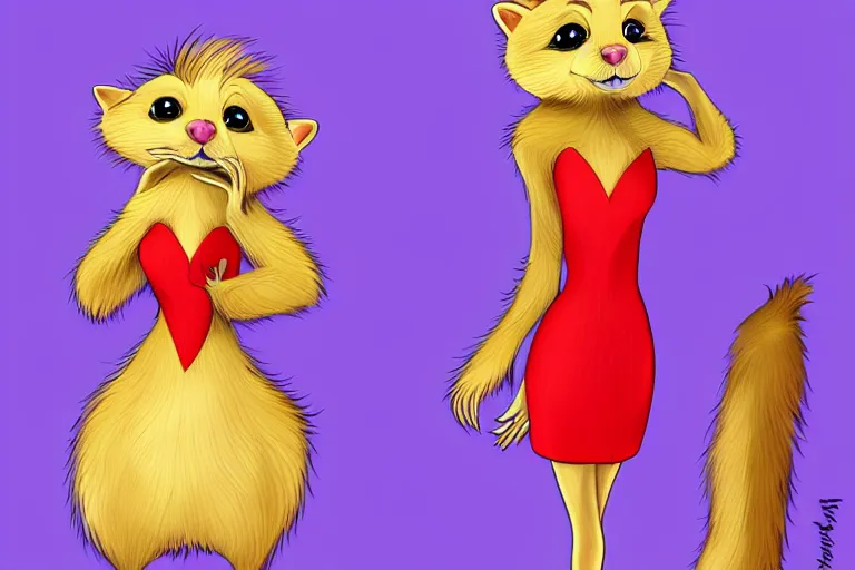 Prompt: lorax movie : detailed illustration : ferret character : wearing a stravagant fur dress : wearing diamonds stiletto : head torso legs : deviantart