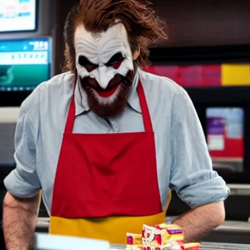 Image similar to joaquin phoenix joker working as a cashier at mcdonalds