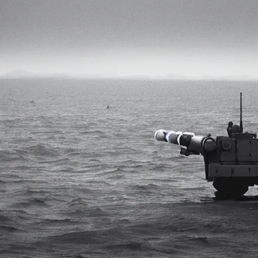 Prompt: photo of a military mech visible on the horizon standing in water