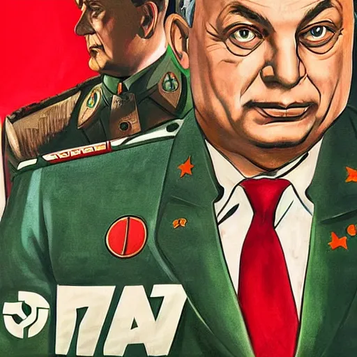 Prompt: portrait of hungarian prime minister viktor orban in uniform, hungary president election, soviet propaganda poster, hungarian flag in the background, colored, artgerm, highly detailed