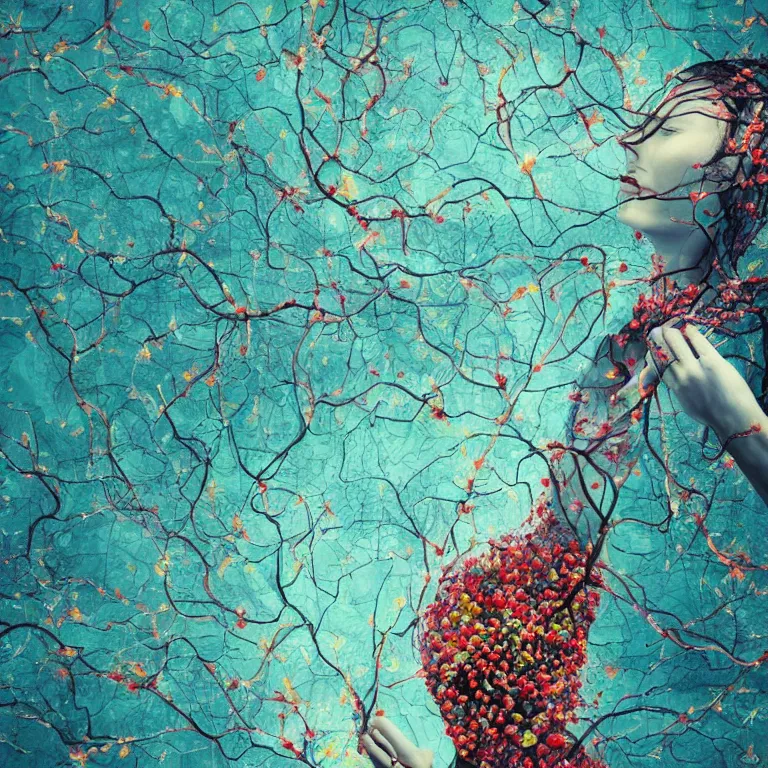 Image similar to human with the sea and the forest inside, veins diverge through the body like rivers filmed on a satellite, a person is decorated with wild berries, a beautiful bird is looking at him next, colorful picture