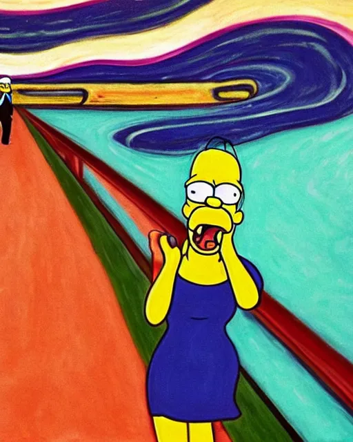 Image similar to a painting of homer simpson screaming in the scream by edvard munch