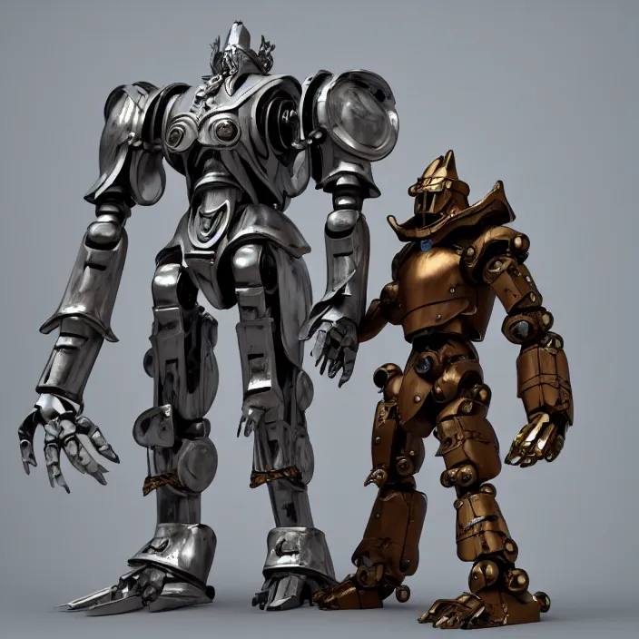 Image similar to warforged druid male anime character, wolf armor, cyborg, made of wood, made of metal, large robot, wolves, knight, medieval castle, wolf pack following, 3 d render beeple, realistic detailed octane render, pop up parade figure