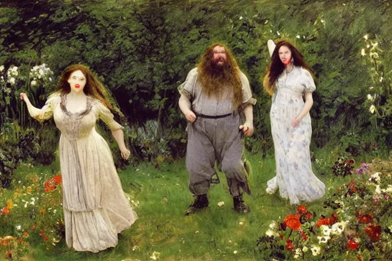 Image similar to hagrid the viking and morticia addams frolicking in a field of various flowers, fairy garden, masterpiece, highly detailed, oil on canvas, art by walter sickert, john singer sargent, and william open