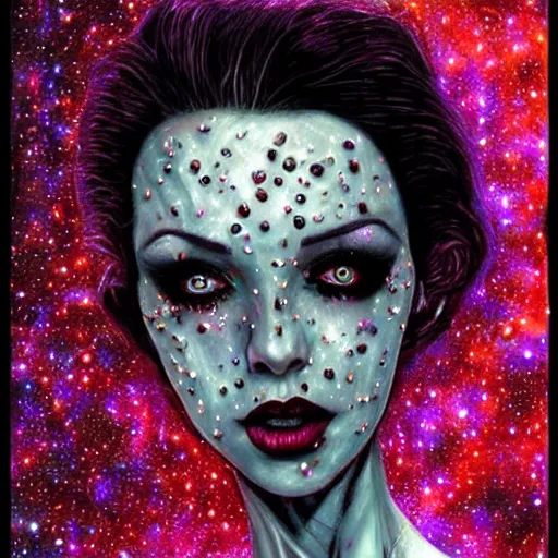 Image similar to queen vampire woman portrait made out of galaxies, beautiful, cyborg, tim burton comic book art, realistic, highly detailed