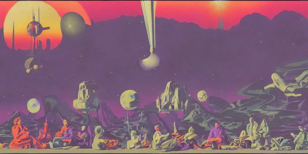 Image similar to surreal painting by chesley bonestell!!, twelve astronauts sitting by the river with a big holiday cake + psychedelic vegetation + purple, pink, blue + planets and stars + mystical fog, vintage sci - fi style of the 5 0 s, rule of the third!!!!, line graphics, 8 k, super detail, high quality