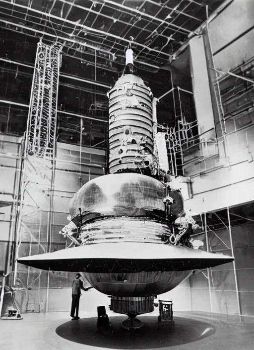 Image similar to vintage photograph of advanced spacecraft being serviced by humans in 1 9 6 0