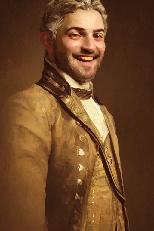 Prompt: official Portrait of a smiling georgian aristocrat, male, cheerful, happy, detailed face, 19th century, highly detailed, cinematic lighting, digital art painting by greg rutkowski