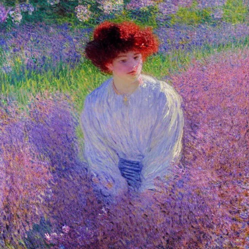 Image similar to portrait of cute girl with short curly red hair sitting in a field of lilac flowers, Monet painting