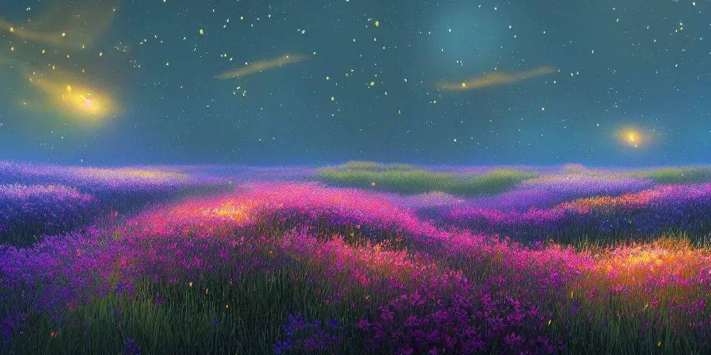 Image similar to fireflies in a vast ocean inspired by Evgeny Lushpin,flower meadow,spring,cinematic,trending on ArtStation