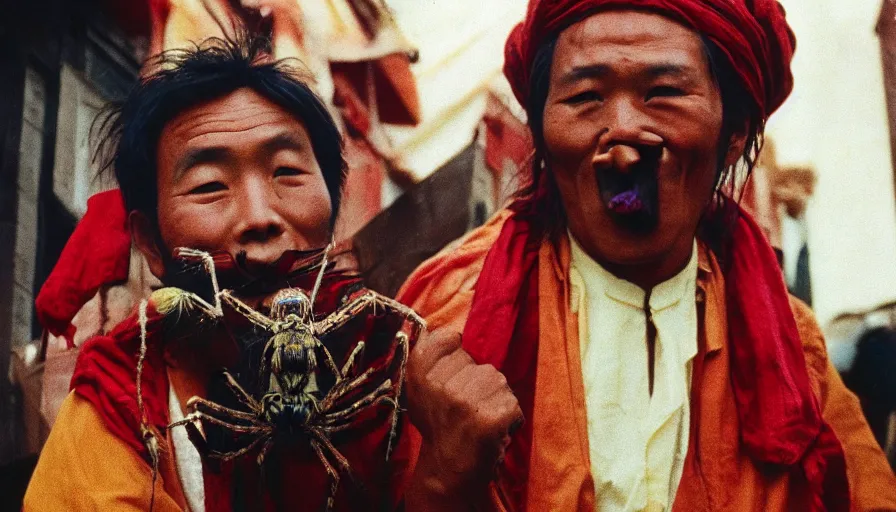 Image similar to 7 0 s movie still of a tibetan man with a spider in the mouth, cinestill 8 0 0 t 3 5 mm eastmancolor, heavy grain, high quality, high detail