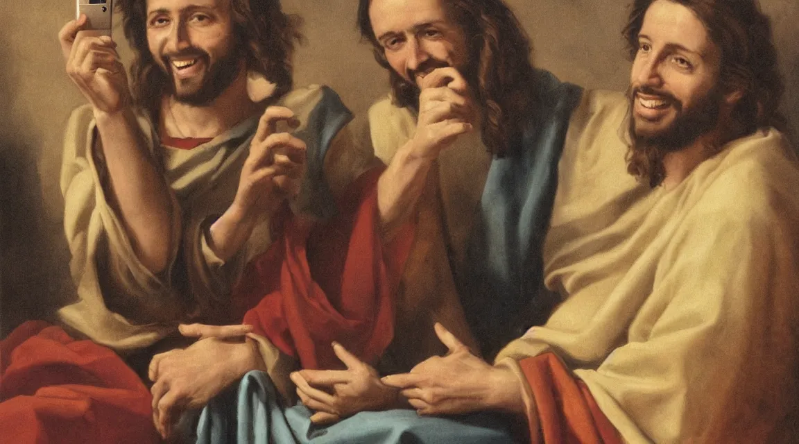 Prompt: portrait of one jesus laughin because see a meme in him cellphone, no letters