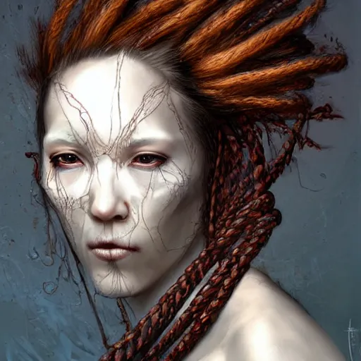 Image similar to portrait of a Shibari rope wrapped face and neck, headshot, insanely nice professional hair style, dramatic hair color, digital painting, of a old 15th century, old cyborg merchant, amber jewels, baroque, ornate clothing, scifi, realistic, hyperdetailed, chiaroscuro, concept art, art by Franz Hals and Jon Foster and Ayami Kojima and Amano and Karol Bak,