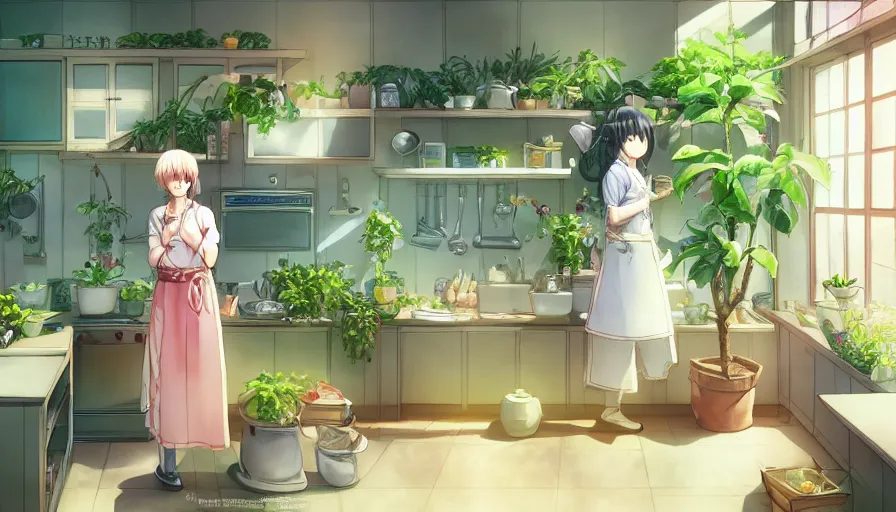 Image similar to a woman standing in a kitchen next to a plant, a storybook illustration by kiyohara tama, pixiv contest winner, magic realism, pixiv, official art, anime aesthetic