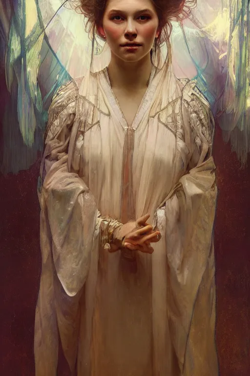 Image similar to hyperrealist portrait of a girl emperorit is decorated with long robes that fall like stars. by jeremy mann and alphonse mucha, fantasy art, photo realistic, dynamic lighting, artstation, poster, volumetric lighting, very detailed faces, 4 k, award winning