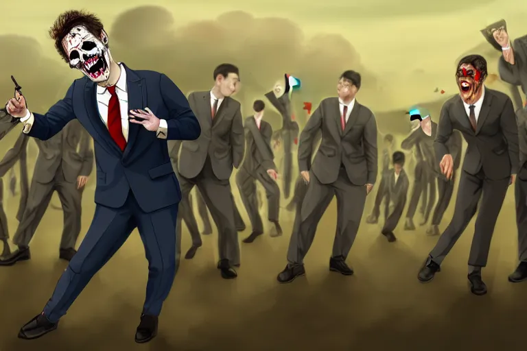 Image similar to Comedian in suit and tie performing in a battle-field with dead bodies on the ground, detailed face, comedian is funny, performing to dead soldiers, nuclear cloud in horizon, apocalypse, trending on artstation, artstationHD