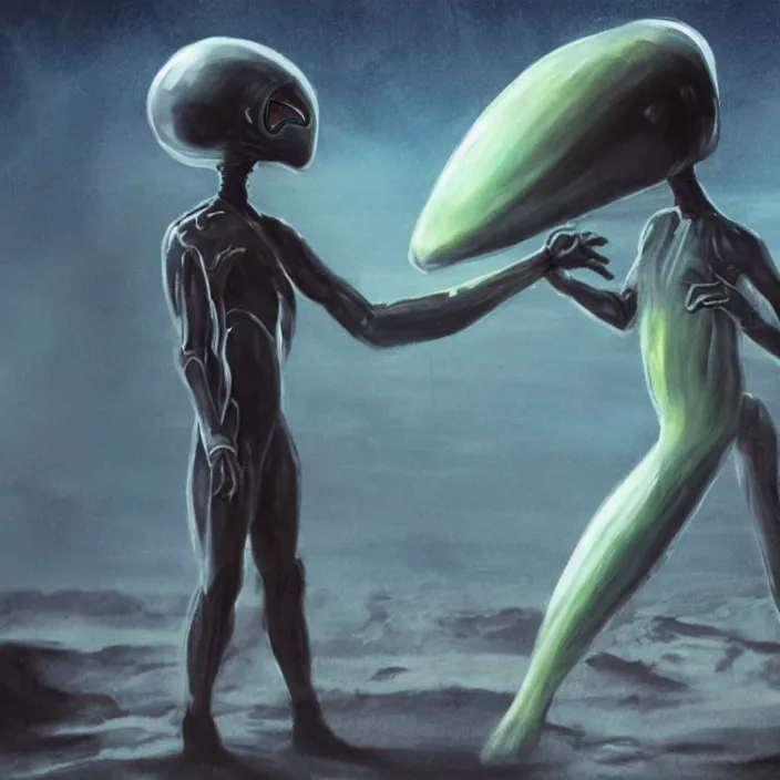 Prompt: first contact with abstract alien being, concept art, movie still