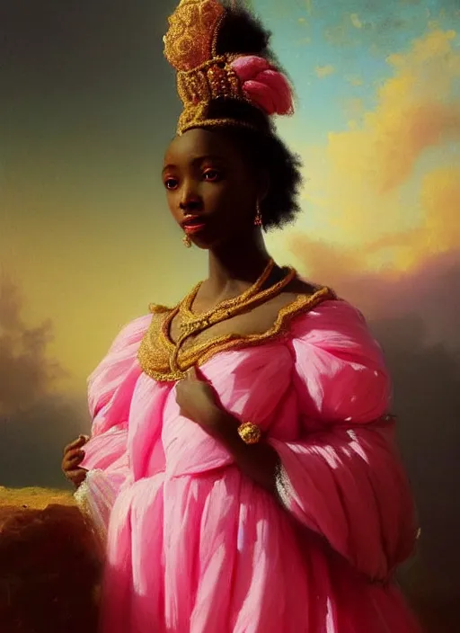 Image similar to stunning african princess, detailed pink and white protea inspired gown against a black backdrop by ivan aivazovsky, wlop, oil painting, beautiful soft lighting, vintage, rococo, muted colours, artstation