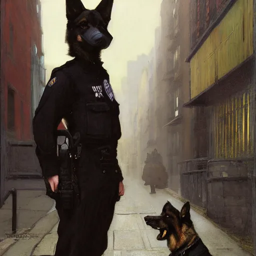 Image similar to new york city portrait of furry anthro anthropomorphic german shepard head animal person fursona wearing clothes nypd traditional police uniform in the alley, sunny day, digital art by Nerdrum John, William Waterhouse, Winslow Homer, Alex Heywood, Jordan Grimmer, Darren Quach, Greg Rutkowski, Simon Stalenhag, trending on Artstation, CGSociety