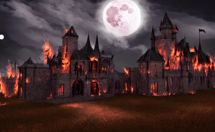 Image similar to a picture of burning!!! gothic! castle in smoke on a hill, village terrified by vampires, chaos, full moon in clouds, visual art, 8 k resolution, 3 d modelling, accent lighting, art station