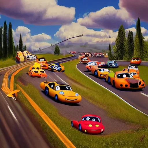 Image similar to A beautiful art installation. We are racers on an endless highway, driving at each other at high speeds, deciding whether or not to turn away at the last minute. Pixar's 'Up' by Andrea Kowch composed, balmy