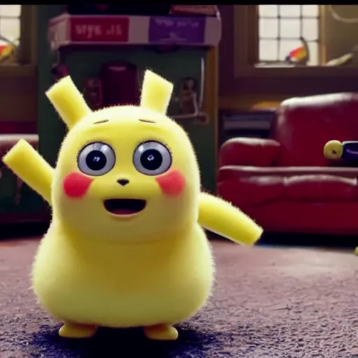 Prompt: a film still of baby sponge bob in detective pikachu