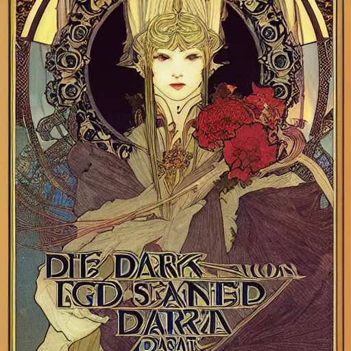 Image similar to the dark arts art by Akihiko Yoshida and Alphonse Mucha