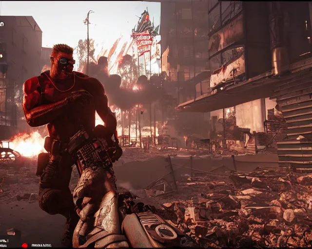 Image similar to duke nukem battling his way through a destroyed la, night, ran, pigsoldiers, rendered in cryengine, volumetric lighting, rtx on