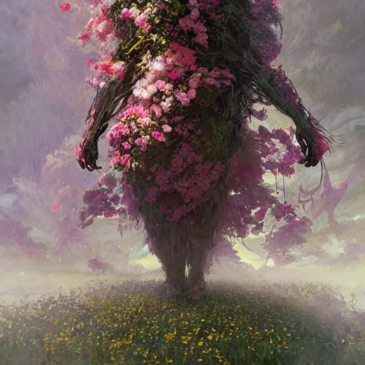 Prompt: a gigantic beautiful terrifying monster made of flowers looms over a tiny human. ethereal horror fantasy art by greg rutkowski and magali villanueve and monet