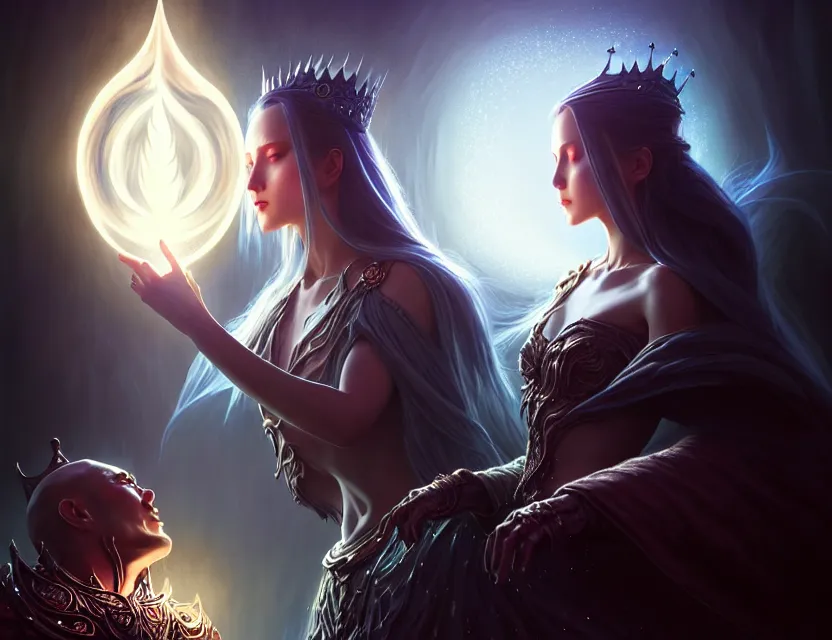 Prompt: the king of light faces the queen of darkness, a beautiful digital painting by wlop, volumetric light, intricate details, ultrarealistic, by art germ, by gerald brom, fantasypunk, deep colors, amazing d & d art, yin and yang theme, trending cgsociety, artstation, sharp, amazing wallpaper