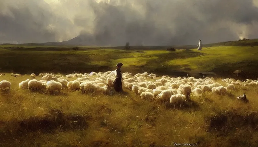 Image similar to simple amish shepherds with flocks of sheep in open fields, art by anders zorn, wonderful masterpiece by greg rutkowski, beautiful cinematic light, american romanticism thomas lawrence, greg rutkowski