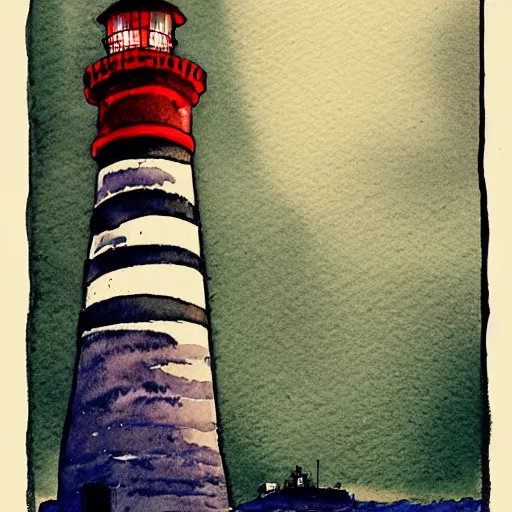 Prompt: beautiful watercolor and ink drawing of lighthouse at night artstation