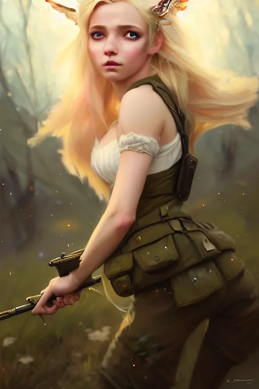 Image similar to cinematic shot of an epic portrait of a cute blonde fairy dressed in military clothes, stylised military clothes, shiny skin, beautiful eyes, beautiful, small details, night setting, realistic poster with volumetric light from craig mallism, artgerm, jeremy lipkin and michael garmash, unreal engine, radiant light, digital art, trends at art station, a masterpiece