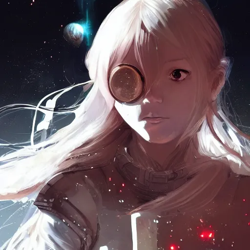 Prompt: highly detailed portrait of a hopeful young astronaut lady with a wavy blonde hair, by Dustin Nguyen, Akihiko Yoshida, Greg Tocchini, Greg Rutkowski, Cliff Chiang, 4k resolution, nier:automata inspired, bravely default inspired, vibrant but dreary but upflifting red, black and white color scheme!!! ((black hole nebula thunderstorm background)), ((octane render))