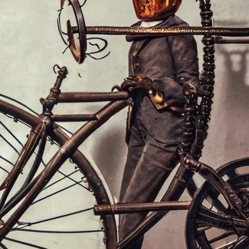 Prompt: close up portrait of a life size victorian steampunk automaton standing in with a bicycle, 8 k, soft lighting, highly detailed realistic, face in focus 1 8 9 0's liminal