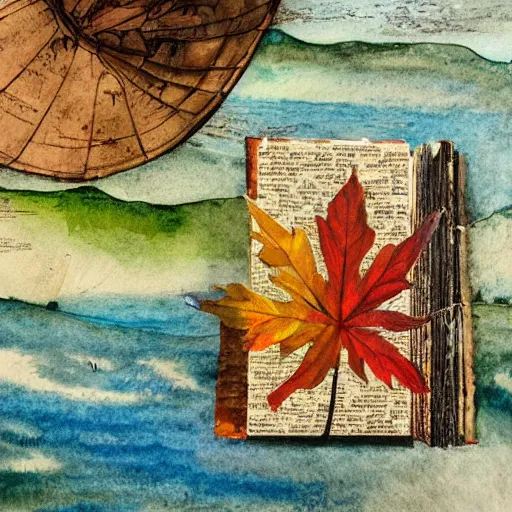 Prompt: In the lake, water color, oil on canvas with decoupage of old book leaves, 2022