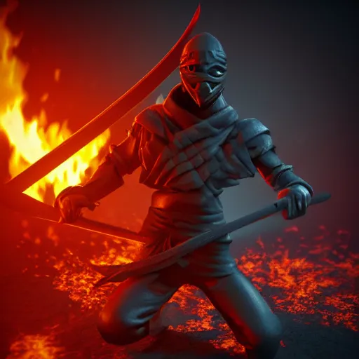 Image similar to a ninja with a sword in a fire background, 3 d render octane, trending on artstation