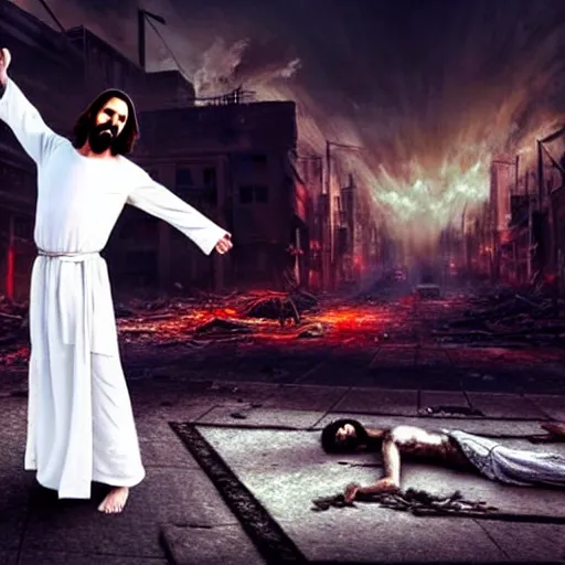 Image similar to jesus christ in a white robe strikes a dramatic dance pose on dead bodies in streets of an apocalyptic metropolis destroyed after war, fantasy art, dramatic lighting, insane details