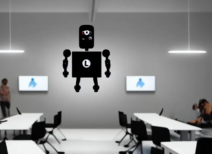 Prompt: A business meeting room. there are 2 people in the room. the first is a severed human head. flying human head. The head is Hovering with no body. the second person is the room is a Robot.